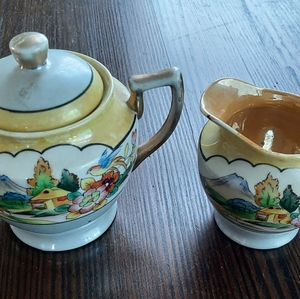 Vintage Hand Painted in Japan Lusterware Village Scene Cream & Sugar 3 Piece Set
